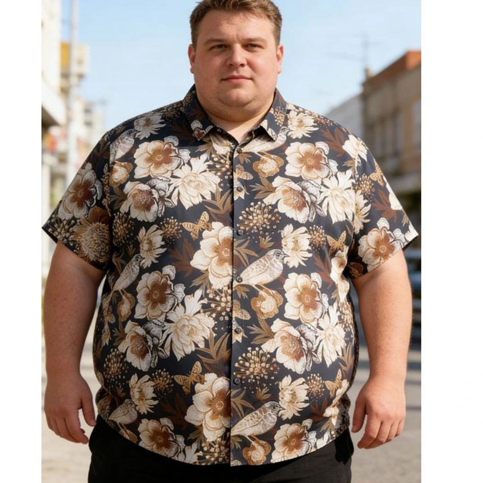 Large size men's shirt short-sleeved; printing; flowers; Hawaiian beach shirt