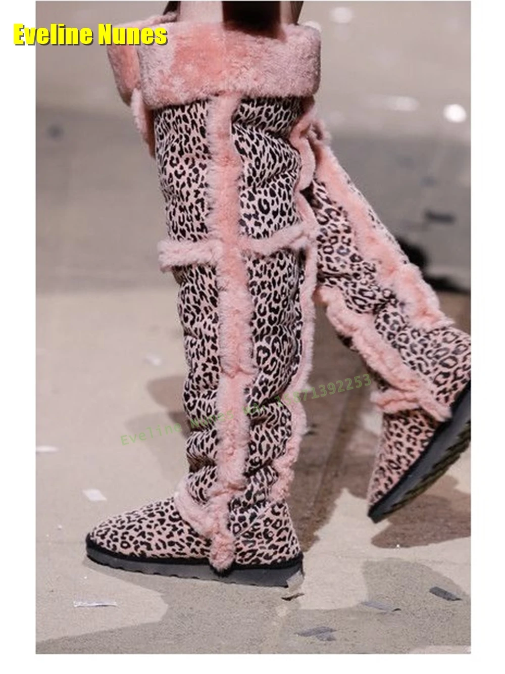 Pink Leopard Furry Over The Knee Boots Round Toe Tank Sole Pull On Street Style Big Size Female Fashion Booties Runway Show 2024