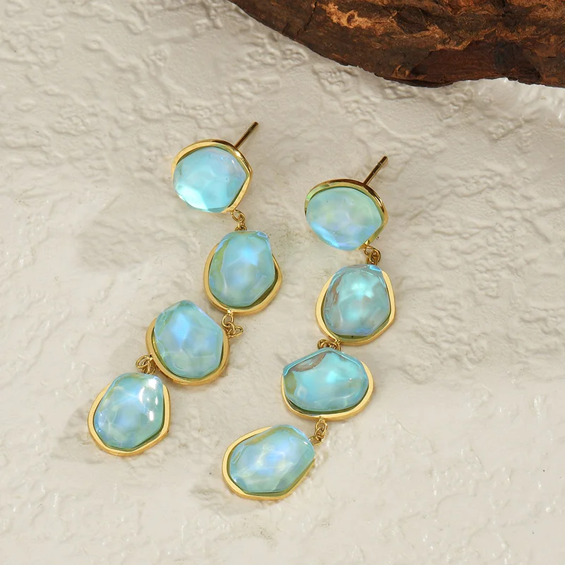 Letdiffery Irregular Blue Crystal Long Drop Earrings for Women Stainless Steel Colorful Acrylic Glass Dangle Earrings Jewelry