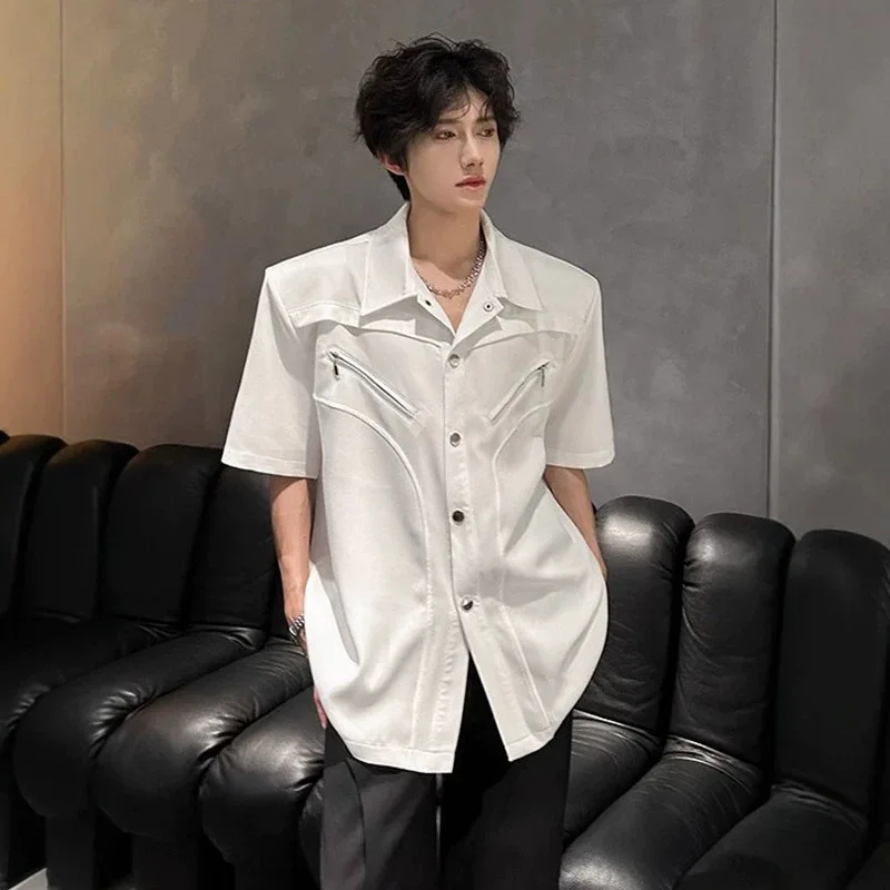 WVGA Summer New Men's Short Sleeved Shirts Shoulder Padded Trendy Design High-end Niche Chic Casual Turn-Down Collar Tops W23691