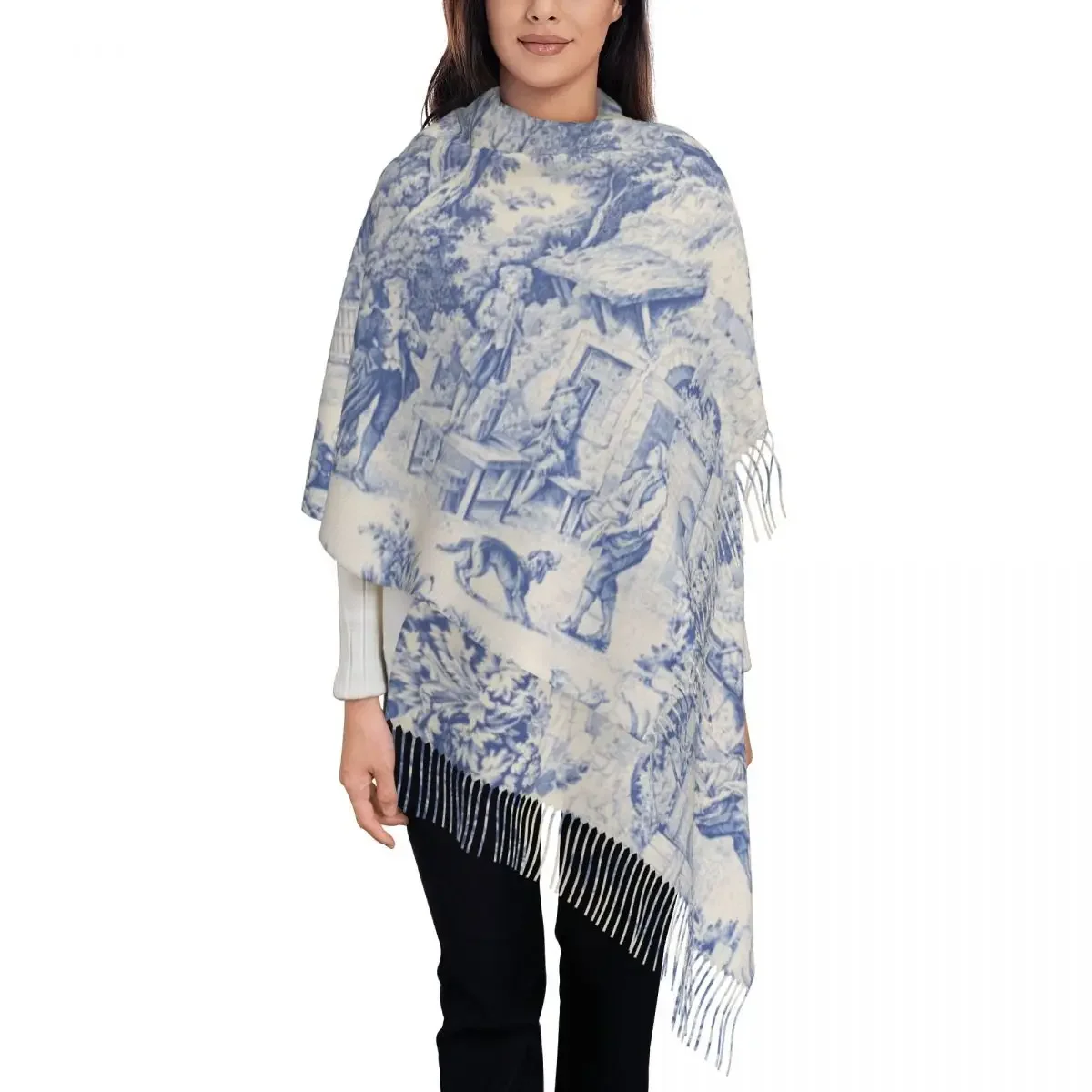 Fashion Vintage Classic French Toile De Jouy Navy Blue Motif Pattern Tassel Scarf Women Winter Fall Shawls Wraps Lady Scarves