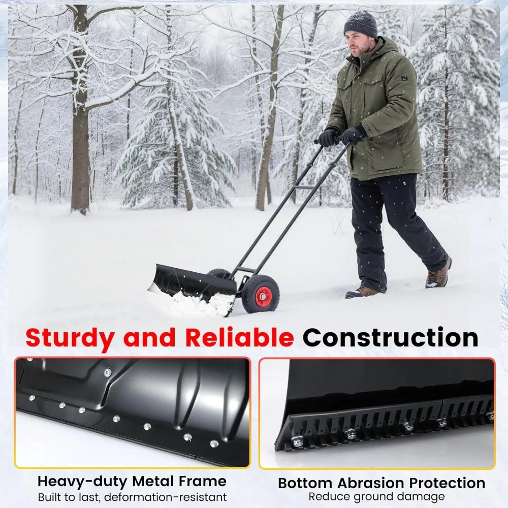 Happygrill Snow Shovel for Driveway, 36” Wide Metal Snow Pusher with Inflatable Wheels, 7-Position Angled Blade, Adjustable Hand