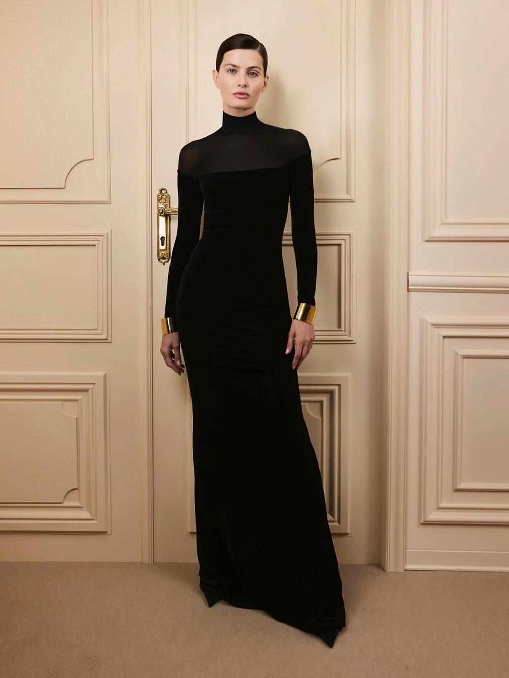 

High-end Perspective Mesh Splicing Dresses Spring Women High Neck Long Sleeved Dress Autumn High Waist Slim Knee Length Dress