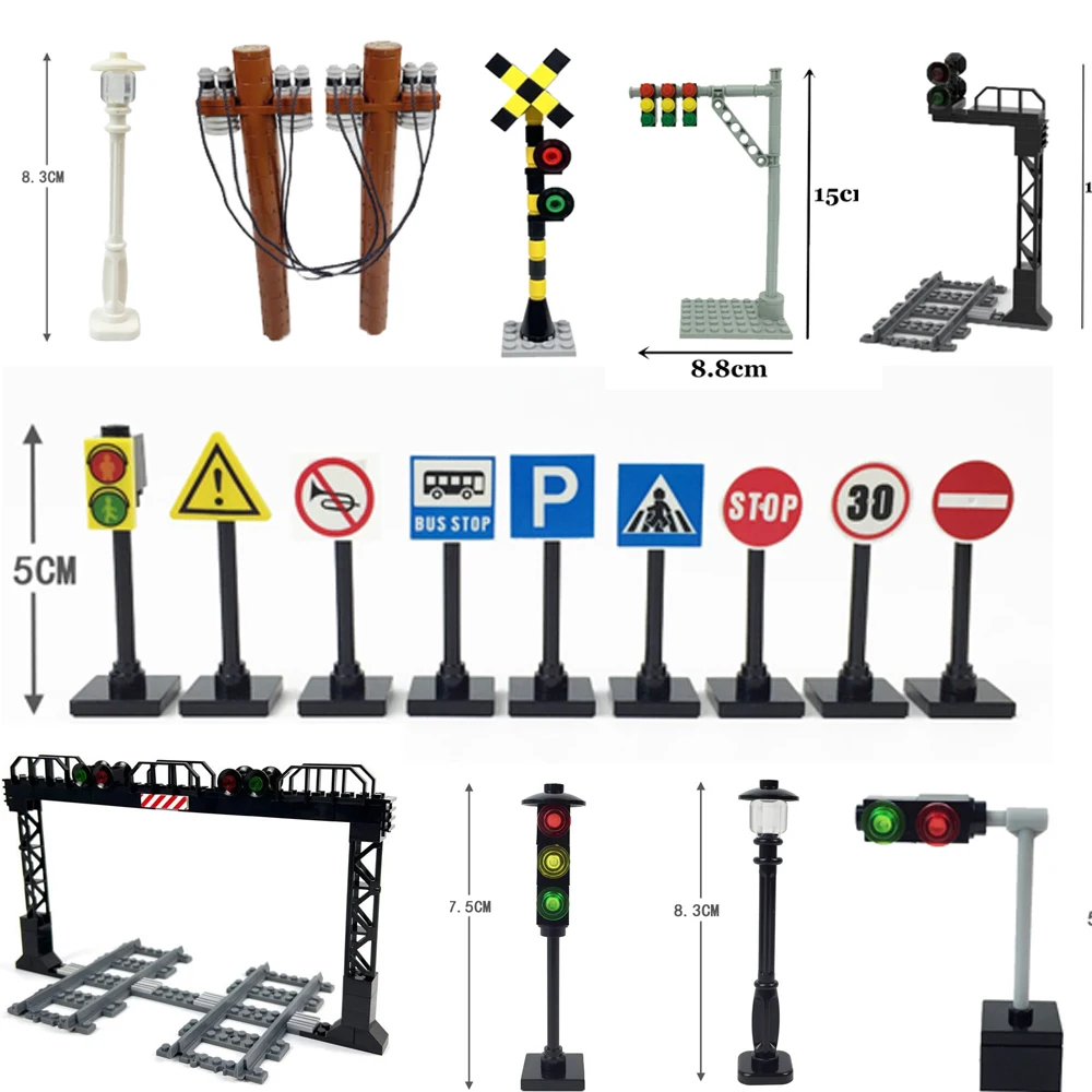 City Train Track Traffic Light Lamp Street View Signs Indicator Brick Road Sign Cross Signpost Barrier Model Building Block Toys