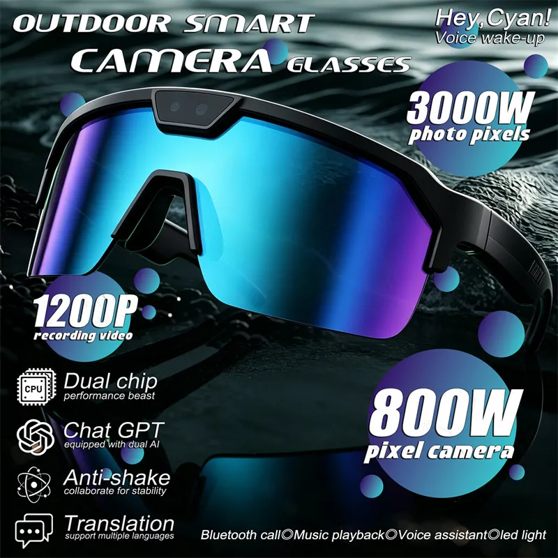 AI Voice Assistant Outdoor Smart Camera Glasses 1200P Video Dual-Chip Dialogue Translation Gyroscope Anti-Shake Noise Reduction