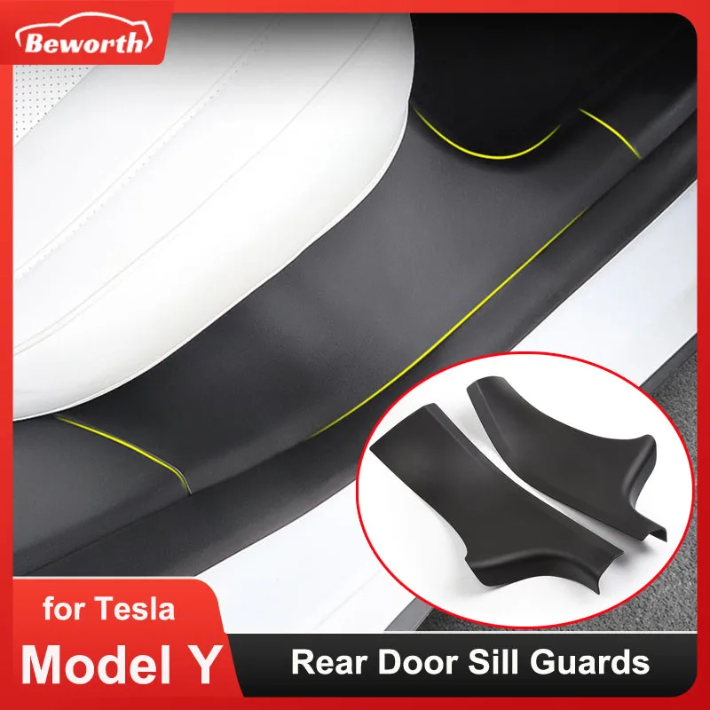 2pcs Rear Door Sill Guards For Tesla Model Y ABS Inner Protector Plate Cover Trim Car Anti-Dirty Bumper Welcome Pedal Kick Pad