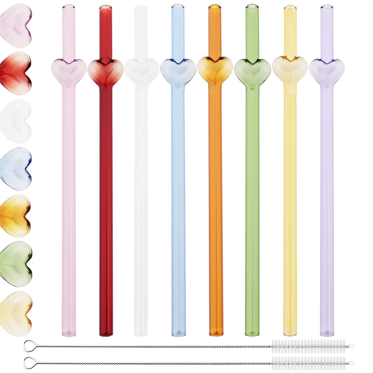 

8pcs Multicolored Heart-shaped Straws Reusable Glass Straw Set with Brush Suitable for Milkshakes Juices Coffee Bar Accessories