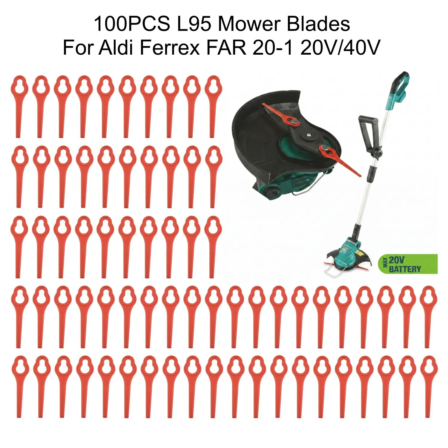 Lames de tondeuse en plastique de 95mm, 100 pièces, pour Aldi Ferrex FAR 20-1 20V/40V, débroussailleuse sans fil, accessoires pour outils de jardin
