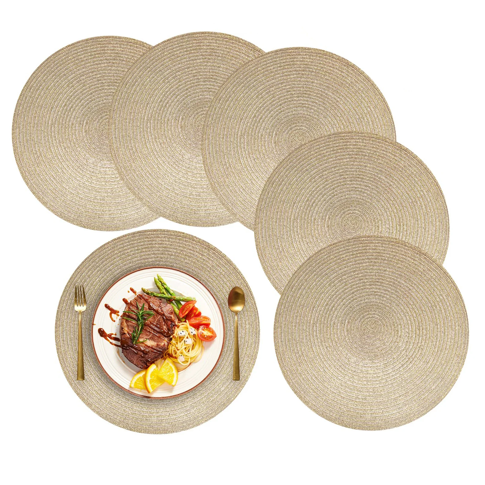 

Round Placemats Set of 6, Round Braided Woven Place Mats Washable Heat Resistant Table Mats for Kitchen Dining Table Home