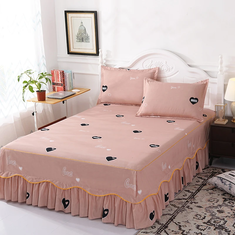 Heart Pattern Bed Skirt, Modern Polyester Fabric Ruffle Trim Bedding Set Bed Skirt All Season Suitable for Bedrooms, Guest Rooms