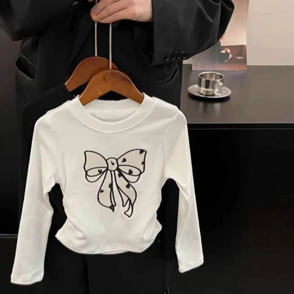 Fashionable Street Style Children's Clothing Korean Version Girls' T-shirt Top Autumn Long Sleeve Bow Printed Kids Base Shirt