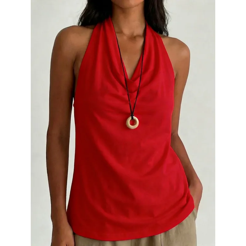 Women's Swing-neck Halter Top Summer Solid Color V-neck Backless Halter Top Simple 2026 European American Cross-border Women's
