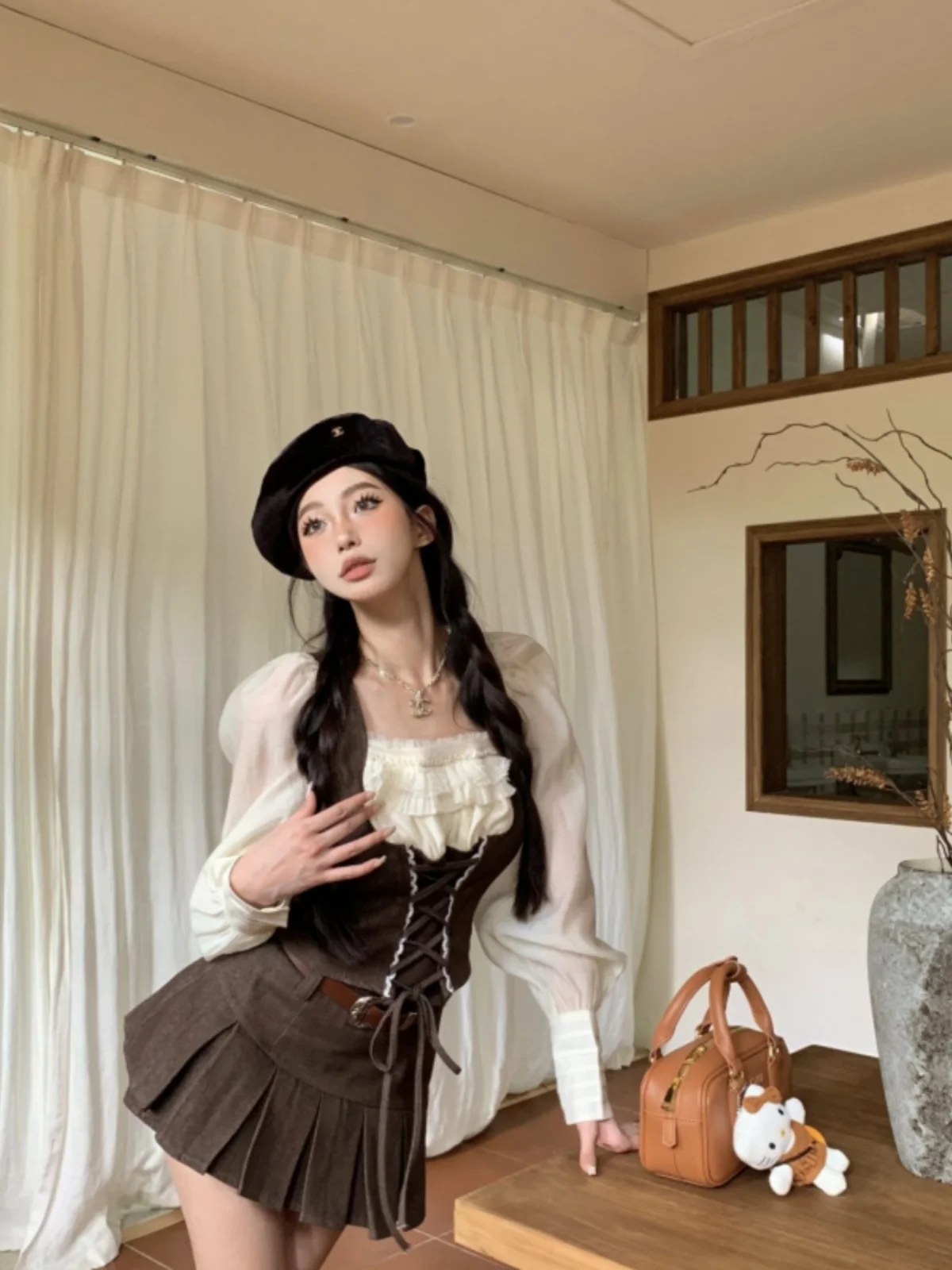 

Faionable Brown Gingham Che Set with Belted Skirt And Top Long Sve Zipper Polyester Autumn Collection for Young Women