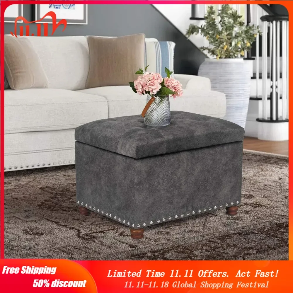 

24" Rectangle Lift Top Storage Ottoman Bench, Velvet Tufted Foot Rest Stool with Nailhead Trim,Grey-Black