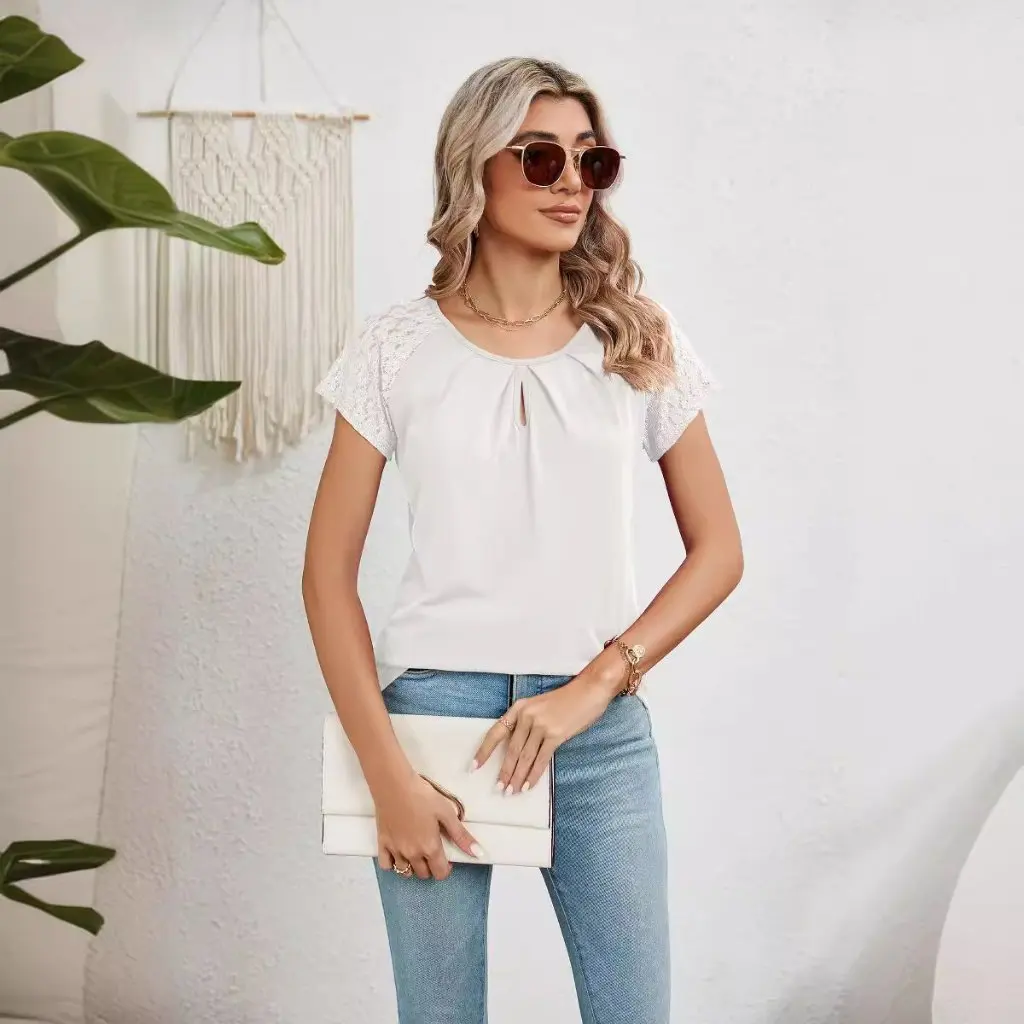 

Women's Solid Color round Neck T-shirt Lace Stitching Short Sleeve Top Spring Summer New Arrival European American Style