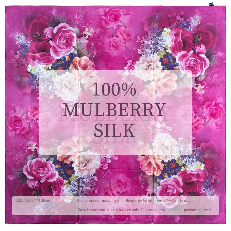 

Luxury 100% Mulberry Silk Scarf for Women 108x108cm Large Square Shawl Soft Satin Purple Rose Floral Print
