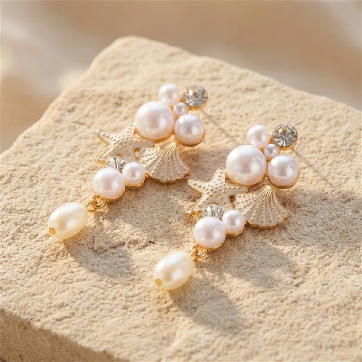 Sommerliche Imitationsperlen-Seestern-Muschel-Quasten-Ohrringe, Boho Ozean Strand Muschel Stern Hängeohrringe, Trendiger Urlaubsschmuck – Detail 14