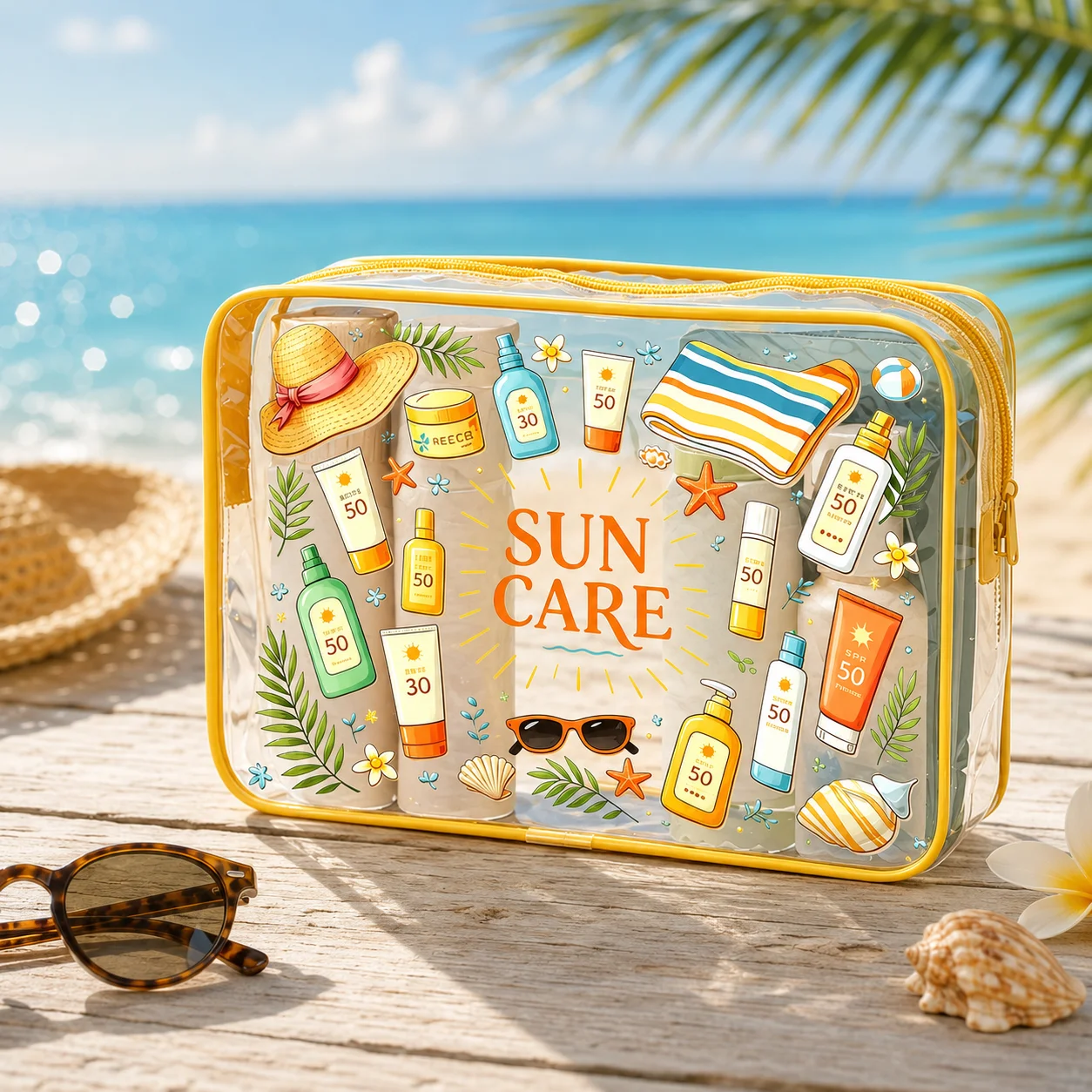 Sun Care Clear PVC Cosmetic Bag, Yellow Zipper Waterproof Toiletry Organizer for Women, Beach, Pool, Travel & Vacation