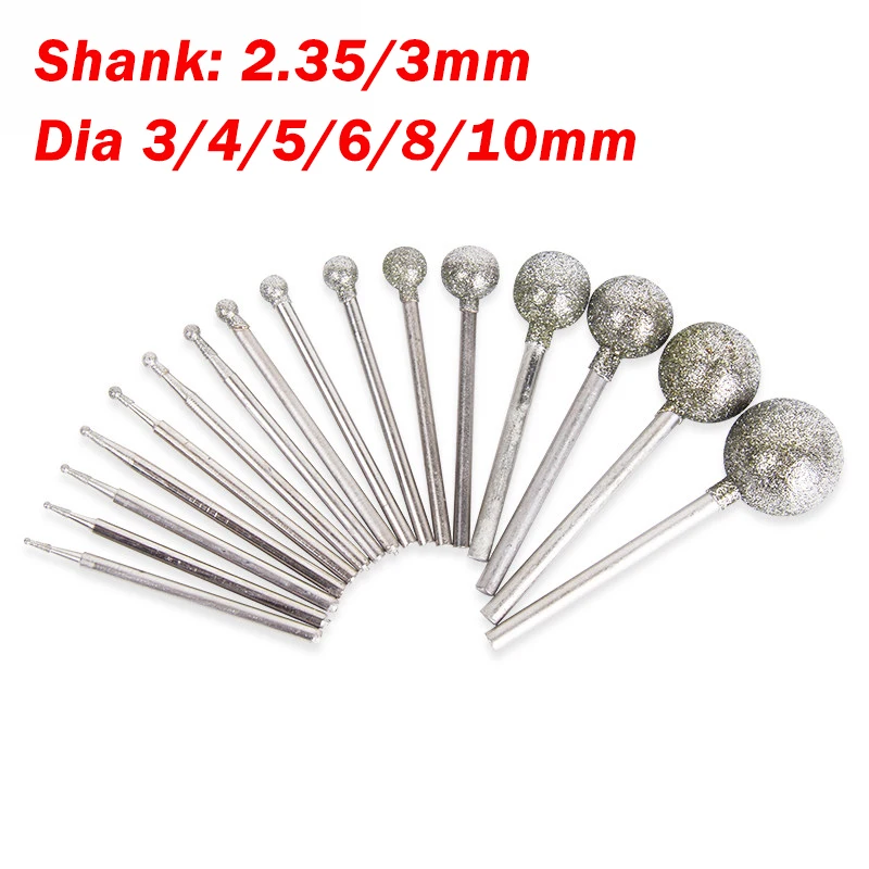 

2.35/3mm Shank Ball Round Diamond Burr Grinding Bits Ball Shape Polishing Head Precision Carving Tool Head Dia 3/4/5/6/8/10mm