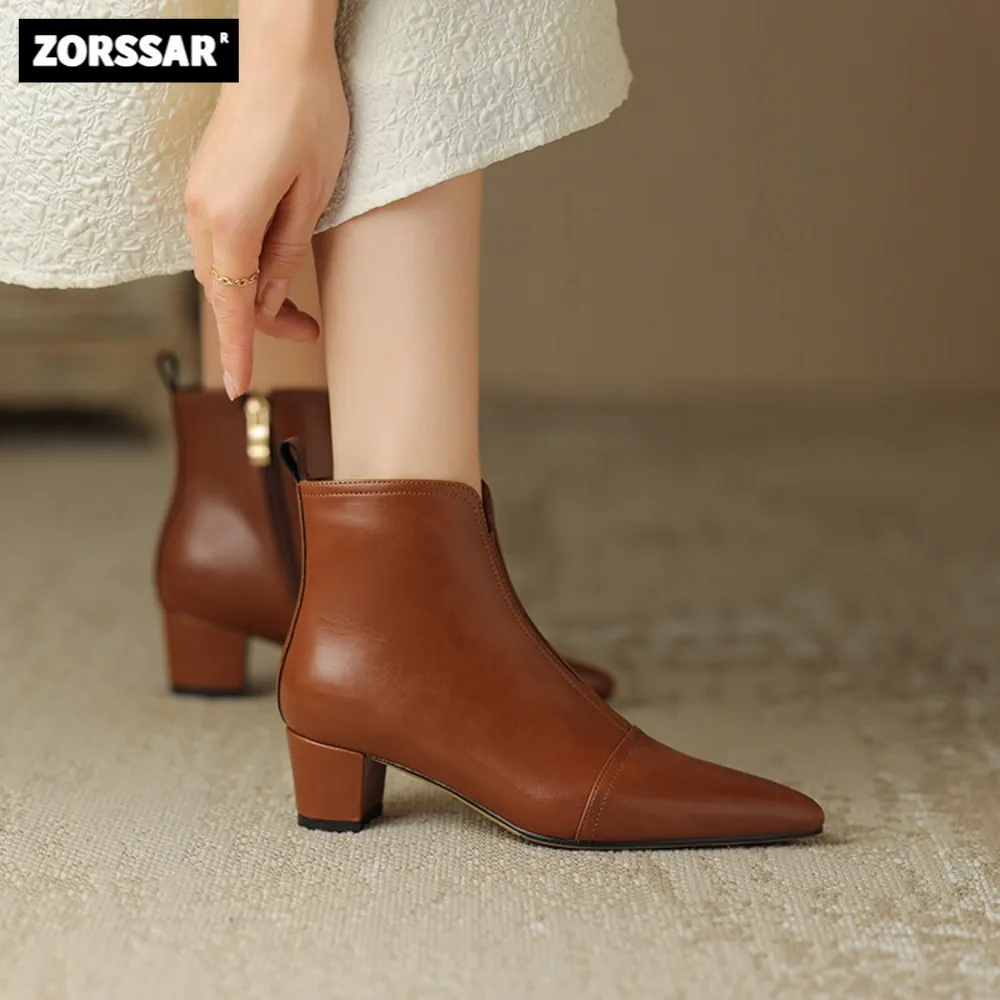 

Genuine Leathe Women Ankle Boots High Heels Pointed Toe Chelsea Boots Female Short Boots Large Size 40 Women Boots 2024 New