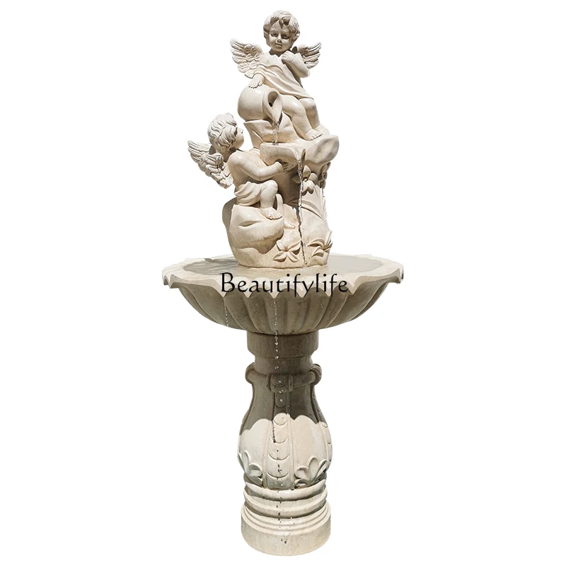 European Style Beige Stone Statue Fountain Landscape Villa Courtyard Flowing Water Ornaments