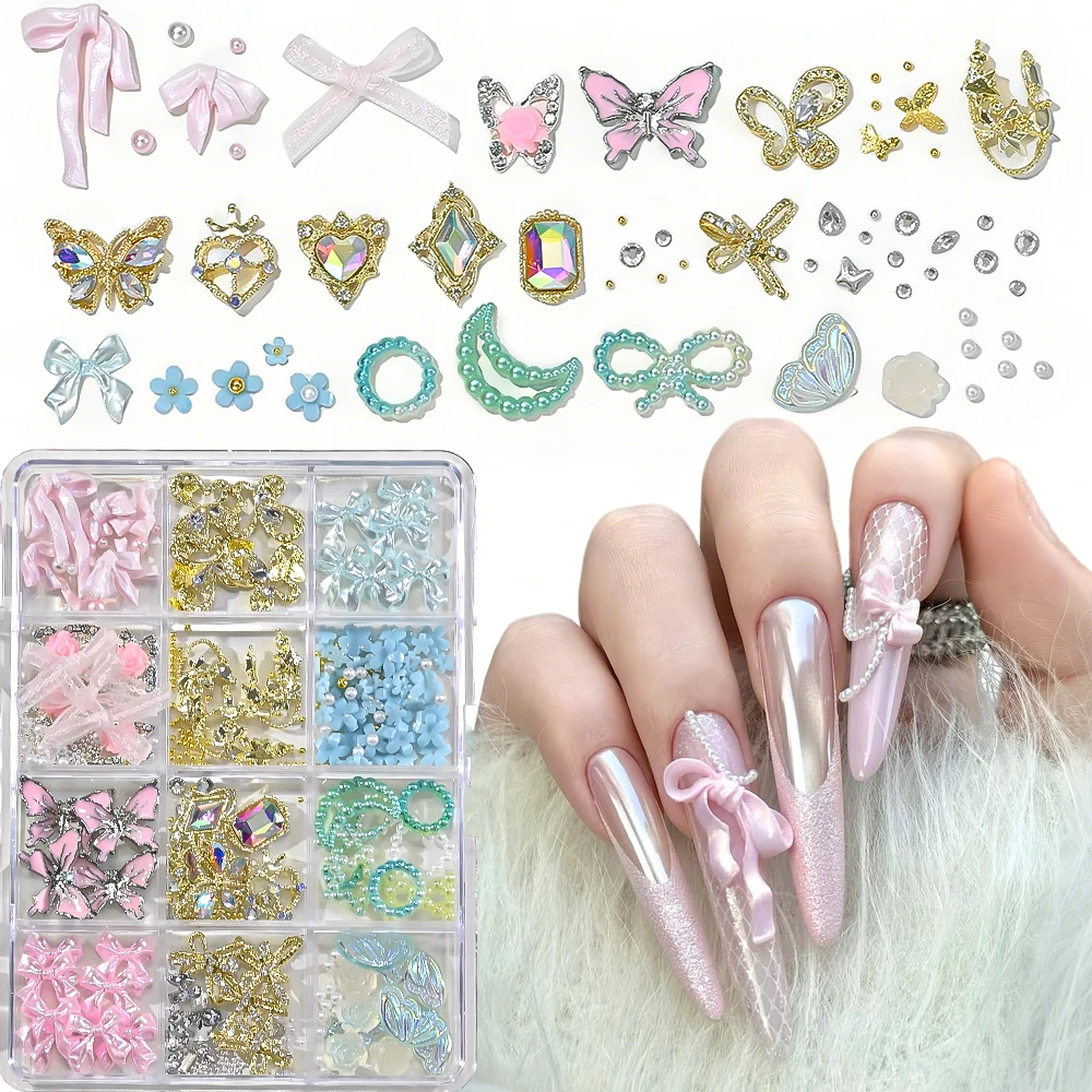 

Набор для декора ногтей: 12 ячеек, 3D розовые атласные бантики, металлические бабочки, стразы, жемчуг, смешанные сплавы, смола, стразы, украшения для ногтей, детали для маникюра