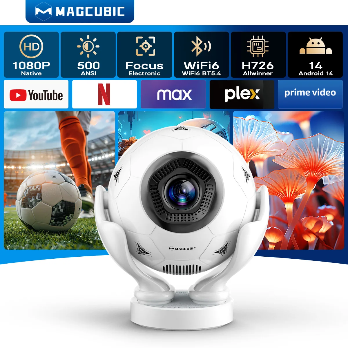 Magcubic HY320F Creative Football Projector 500ANSI Android 14 8K WiFi6 BT5.4 Voice Control for Home & Outdoor Movie
