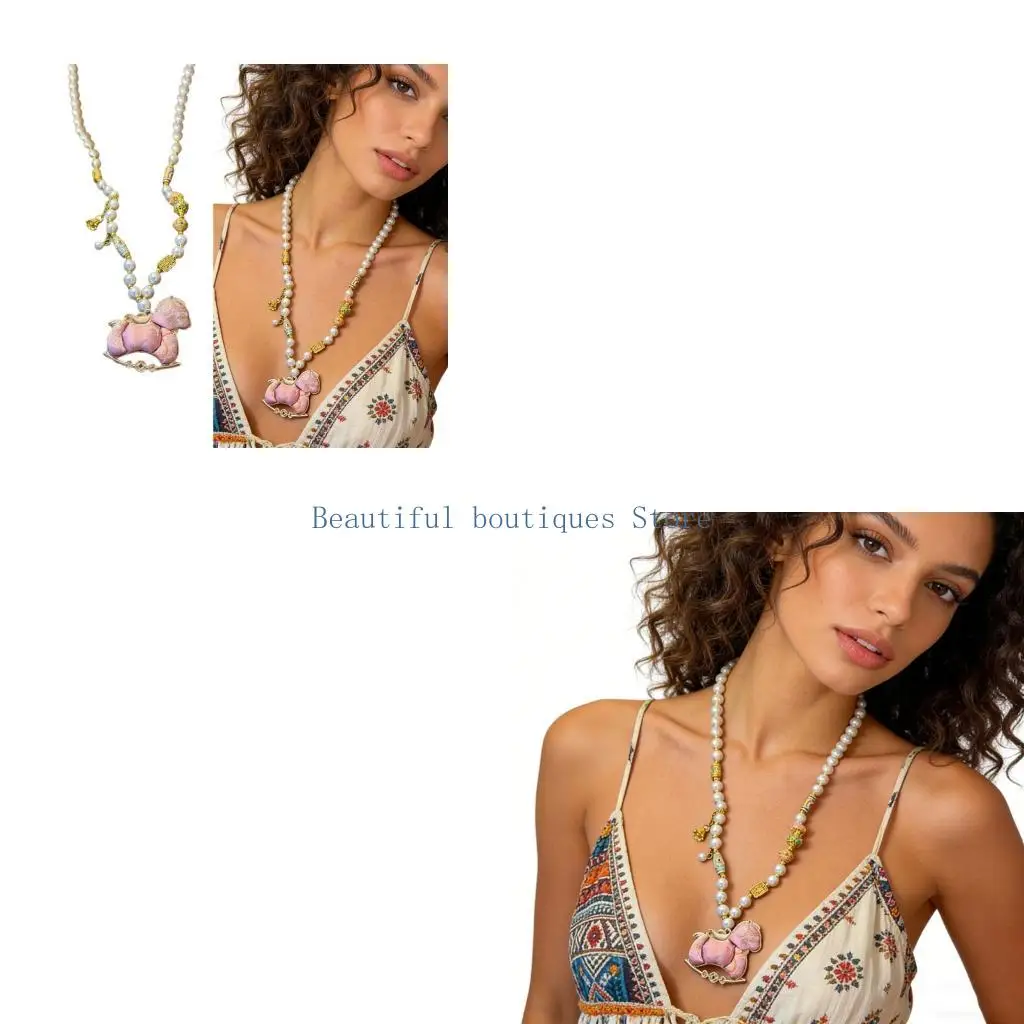 U4LF Lovely Pink Horse Pendant Necklace Traditional Brocade Craftsmanship
