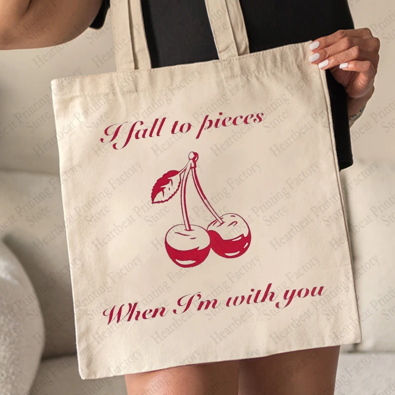 I Fall To Pieces When I\'m with You Patterned Handbag Aesthetic Tote Bags Cherry Canvas Bag Fruit Cute Shopping Bags