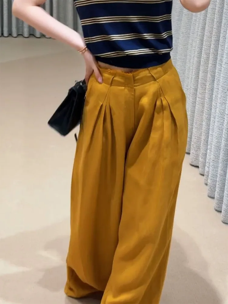 2025 nouvel été Style coréen pli Design mode femmes pantalons décontractés coupe ample jambe large pantalon taille haute pleine longueur pantalon