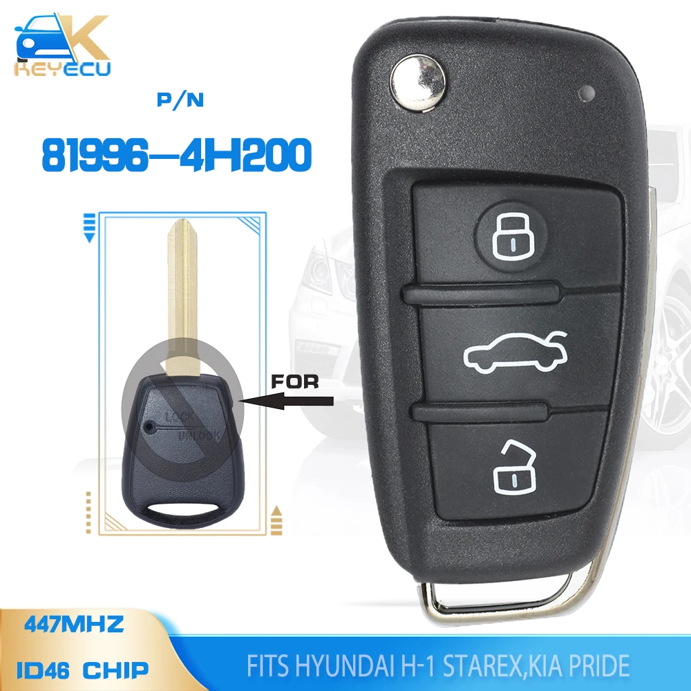 KEYECU P/N: 81996-4H200 Upgraded Folding Remote Key 447MHz ID46 Fob for Hyundai H-1 Starex,Kia Pride 2003-2007