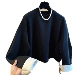 2024 ThinT-Shirt Sprig Autumn Loose Casual Shirt Raglan Sleeve Splice Short Sweatershirt Women's Pullover Top Patchwork Shirt