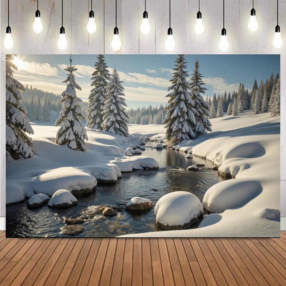 Fondo de fotografía de escena de nieve del valle del río de invierno, campo de nieve, pino esmerilado, luz de la mañana brumosa, fondo de paisaje Natural