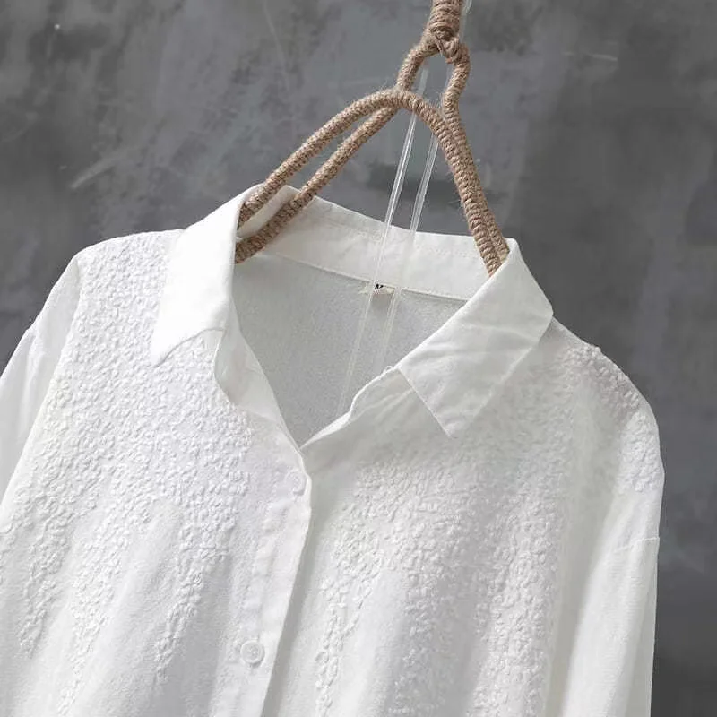 Cotton White Embroidered Long Sleeve Tops Women Shirt New 2024 lapels Buttons Casual Fashion Wild Blouse Female Clothes