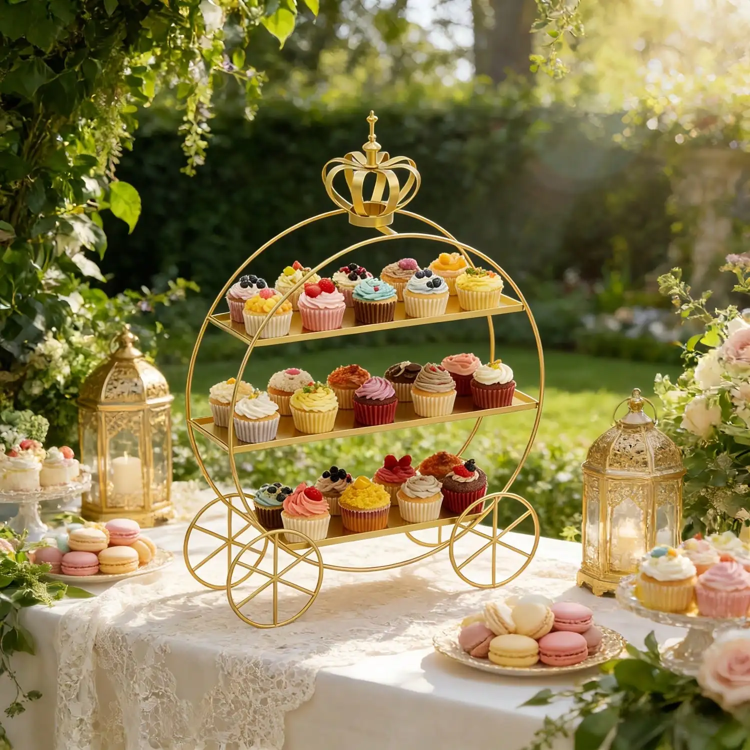 3-Tier Crown Cake Stand With Wheels – Gold Carriage Cupcake Display Rack For Wedding, Afternoon Tea & Birthday. Non-Food Contact Metal Dessert Tower, Sturdy Pastry Holder & Elegant Tabletop Decor