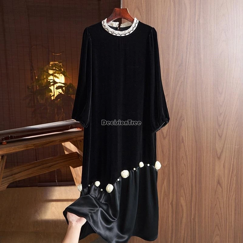 

2025 autumn winter chinese national style velvet elegant cheongsam dress for women new black long ethnic style women qipao dress