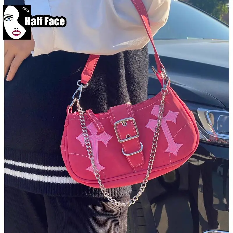 Y2K Spicy Girls Harajuku Women's Gothic Pink Punk One Shoulder Advanced Design Underarm Lolita Chain Design Crossbody Bags Tote