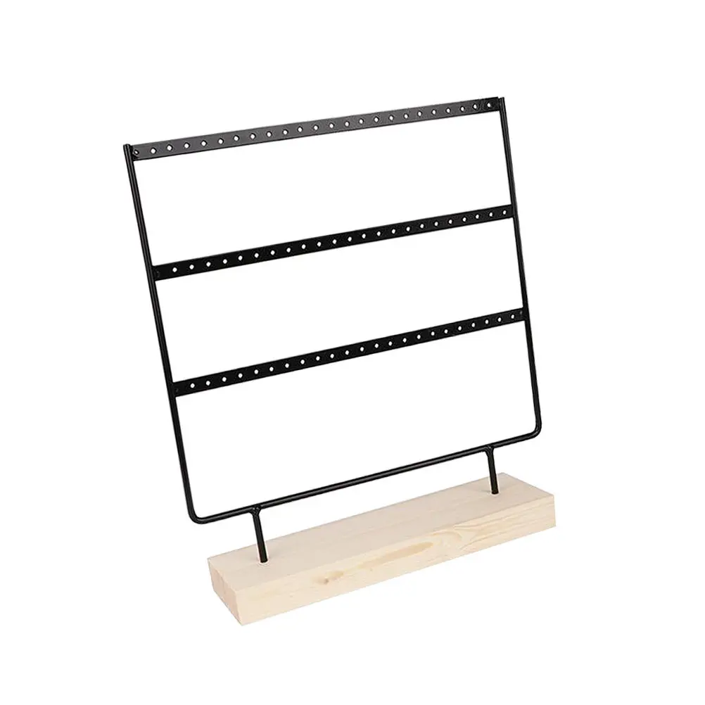 

3 Layers 69 Holes Earring Black Wrought Iron Wood Base Jewelry Organizer For Earstuds Earrings Holder Earring Display Earrings