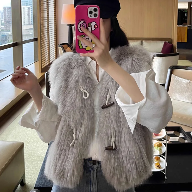 2024 Haining Fur  Winter New Fox Fur Vest Encrypted Weave Youth Style Coat Girl