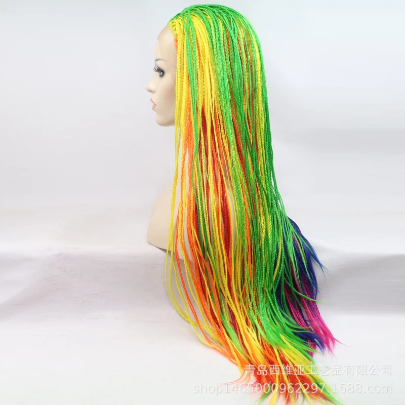 

Hand-woven synthetic fiber lace front black rainbow three-strand braid wig
