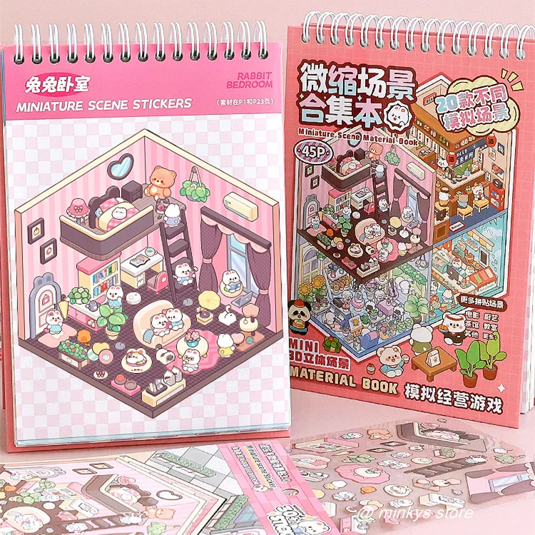 MINKYS 25 lembar 20 pemandangan 3D yang berbeda DIY lanskap Kawaii buku stiker untuk anak-anak hadiah perlengkapan alat tulis lucu