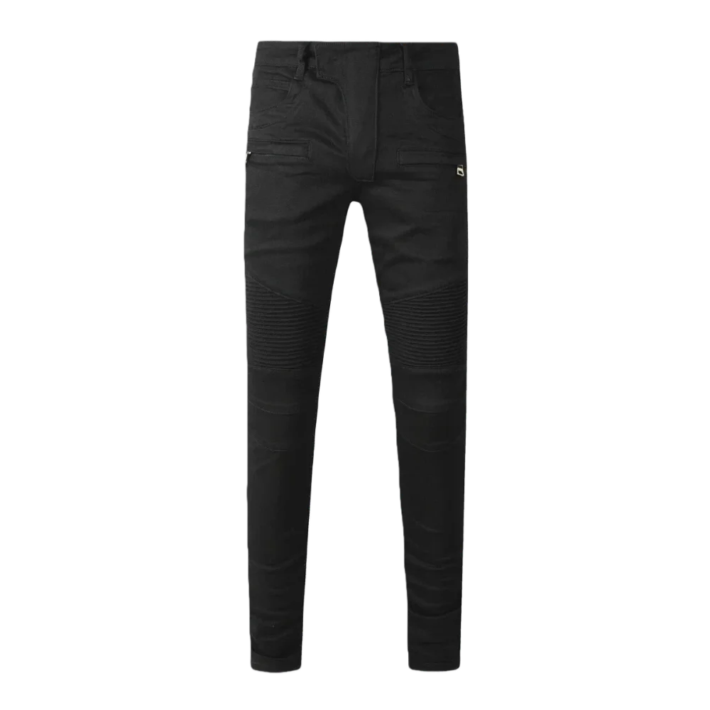 

American high street black jeans; cool and trendy; brass zipper; slim fit series; personalized street style.