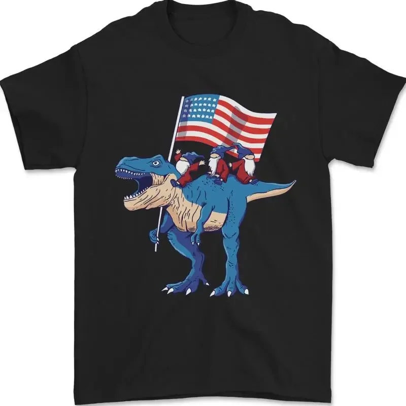 USA T-Rex Gnome Flag USA Dinosaur Men's T-Shirt 100% Cotton