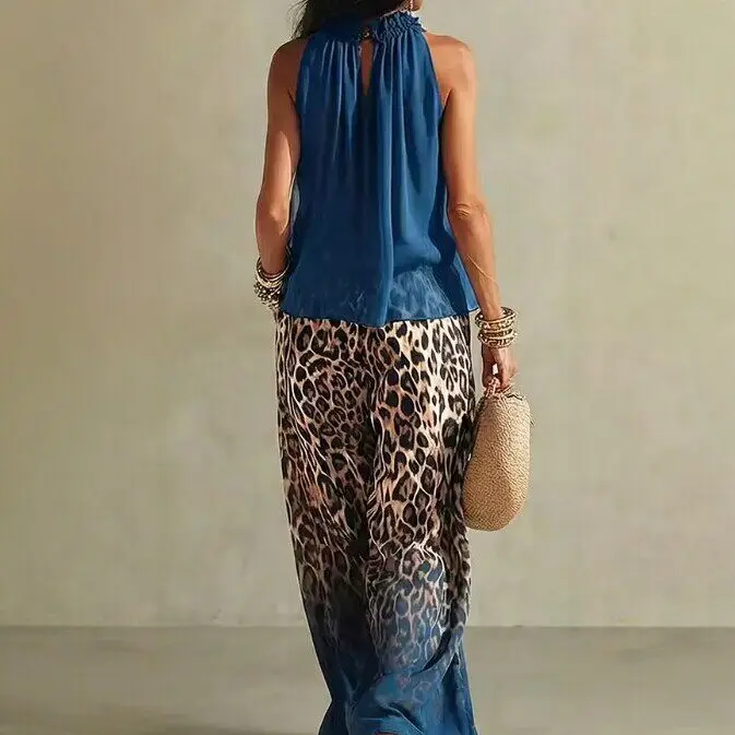 Women 2 Piece Summer Outfits Sleeveless Halter Pullover Top + Leopard Print Gradient Wide Leg Pants Casual Simple Set