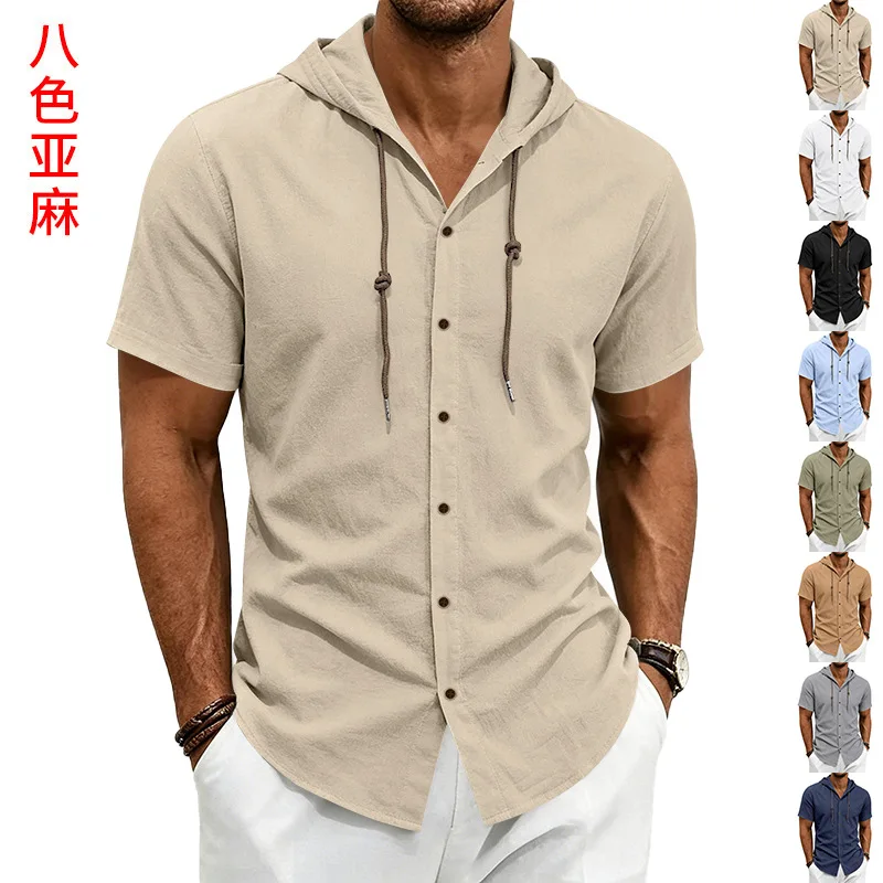 Men Summer Lightweight Linen Texture Drawstring Hooded Short Sleeve Button Front Casual Shirt