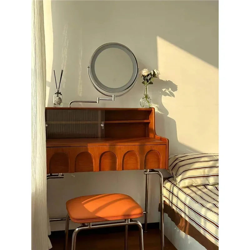 French Medieval Retro Style 60cm Solid Wood Dresser Small Apartment Bedroom Bedside Makeup Table Vanity Desk