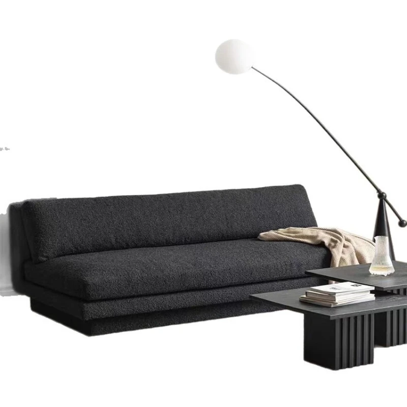 

Straight row three-person double single sofa without armrests retro black lamb wool