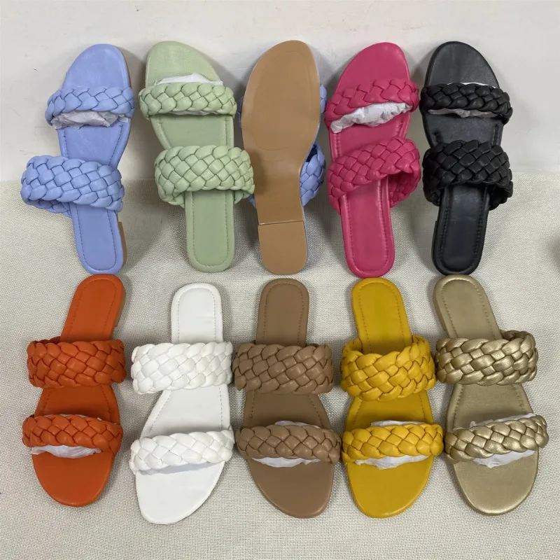Summer Double Braid Modern Sandals Women 2024 New Flat Slides Leather Fashion Casual Slip on Woman Outdoor Beach Shoes