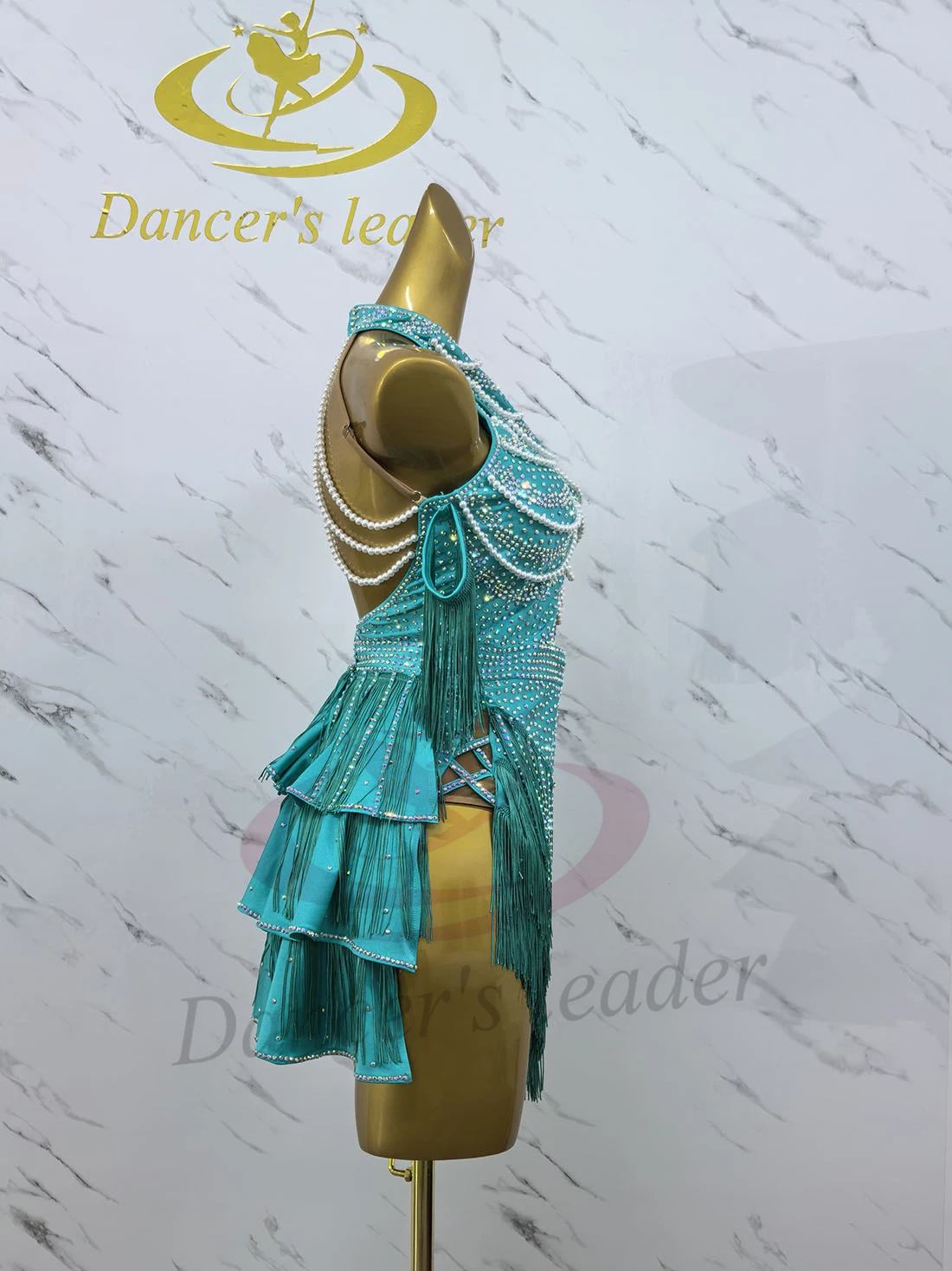 الرقص اللاتيني AB Stone أنثى الكبار الأطفال الراقية مخصصة الأخضر شرابة اللؤلؤ سلسلة سوداء بركة السامبا الأداء اللباس