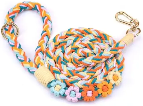 

Милый плетеный поводок длиной 5 футов с цветочной ручкой, прочный и стильный, для всех пород собак, радужный микс